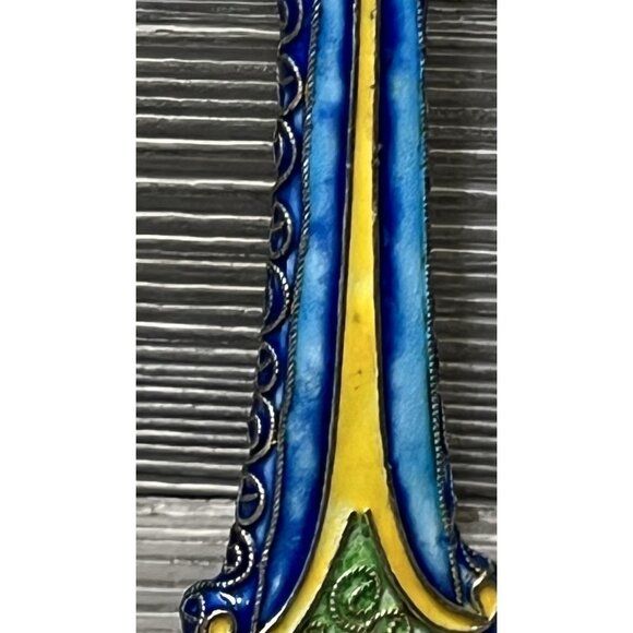 Metallic Cross Christmas Ornament 6” Blue Yellow Gold Ribbon Unique Hand Painted - Picture 9 of 12